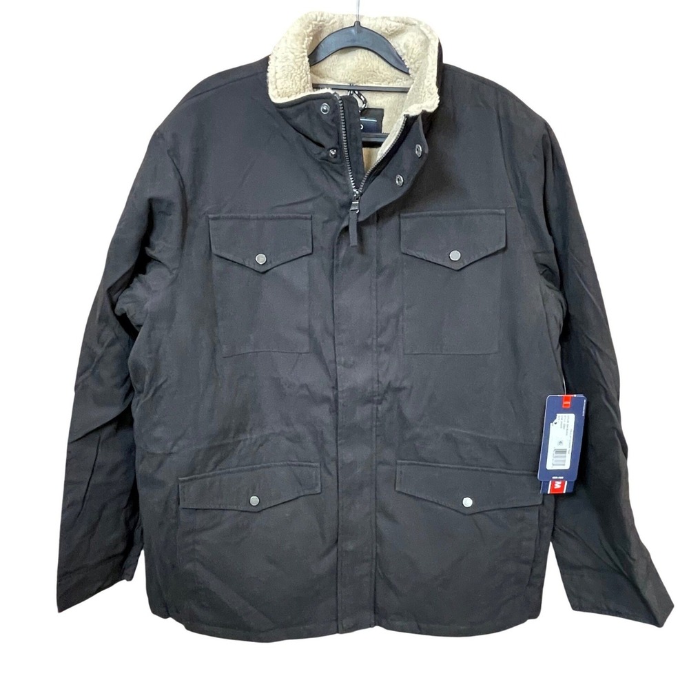 IZOD Men's Black Field Jacket Sherpa Trim Water Resistant Size Large